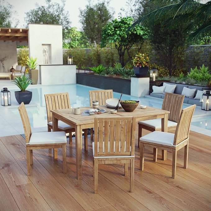 Modway Marina Premium Grade A Teak Wood 7 Piece Patio Teak Outdoor Dining Set in Natural White