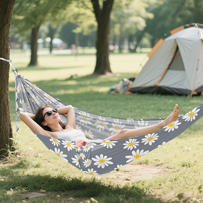 Camping Hammock Outdoor Hammocks for Outside Daisy Gray Beach Trees Portable Lightweight with Pockets Tree Straps Indoor Small