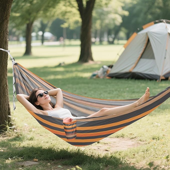 Camping Hammock Outdoor Hammocks for Outside Gray Orange Stripe Beach Trees Portable Lightweight with Pockets Tree Straps Indoor