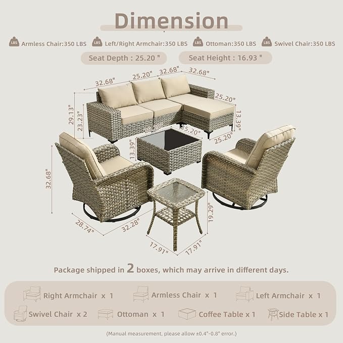 Outdoor Sectional Patio Furniture Set with Rocker Chairs,7 Pieces Wicker Conversation Sets L Shaped Couch,Extra Deep Out Door Sofa Outside Furniture,Beige