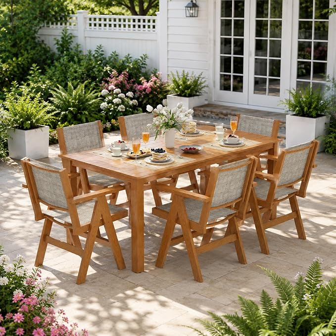 Outdoor Dining Table Set, 7 Piece HDPE Patio Set with Aluminum Dining Table & 6 Textilene Chairs, 69" Outdoor Table with Umbrella Hole for Garden, Deck, Lawn, Teak