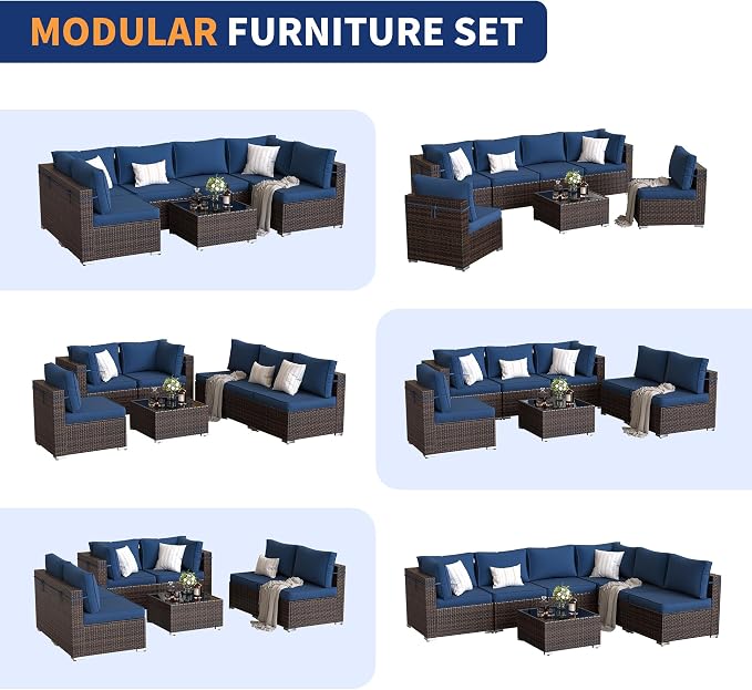 Patio Furniture Set, Modular 7-Piece Patio Conversation Sets with Coffee Table, All-Weather Wicker Outdoor Sectional for Backyard and Balcony, Navy (Waterproof Covers Included)