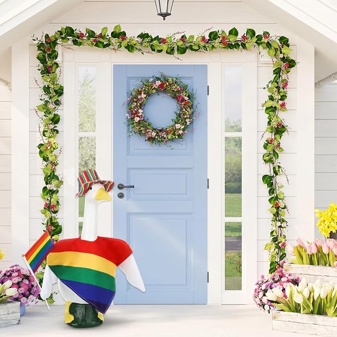 Rainbow Pride Porch Goose Outfit for LGBTQ Pride Month Goose Dress Clothes with Stripes Top Hat and Flag Costume for 23" Gooses Statue Decoration Patio Yard Garden Lawn Outdoor Decors
