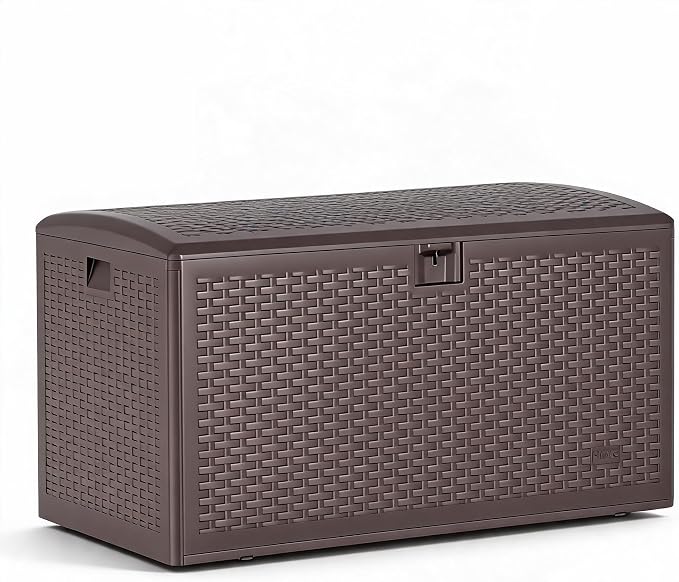 120 Gallon Waterproof Outdoor Storage Box – Blow-Molded Deck Box with Gas Rod Lift Lid, Lockable for Patio Furniture, Cushions, Garden Tools & Pool Floats, Bronw