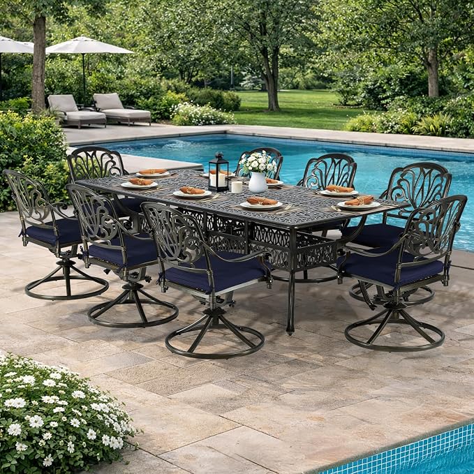 VIVIJASON 9-Piece Outdoor Dining Set, Cast Aluminum Retro Patio Furniture Table and Chairs Set for 8, Include 94.5" Rectangular Table and 8 Swivel Rocker Chairs with Umbrella Hole, Navy Blue Cushion