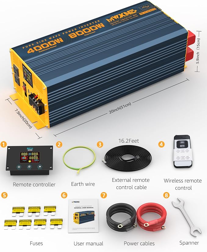 4000W Pure Sine Wave Power Inverter DC 48V to AC 110V 120V for Home RV with Dual AC Outlets 1 USB-C(60W) 3 USB-QC3.0 Fast Car Charger Adapter, LCD Display and Remote Control