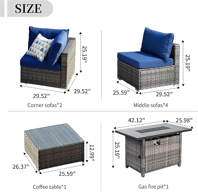 HOOOWOOO 8 Piece Patio Sectional Furniture Set with Fire Pit Table,Modern Wicker Outdoor Conversation Sofa Sets,Weather Resistant Modular L Shaped Outside Couch Set(Dark Grey)