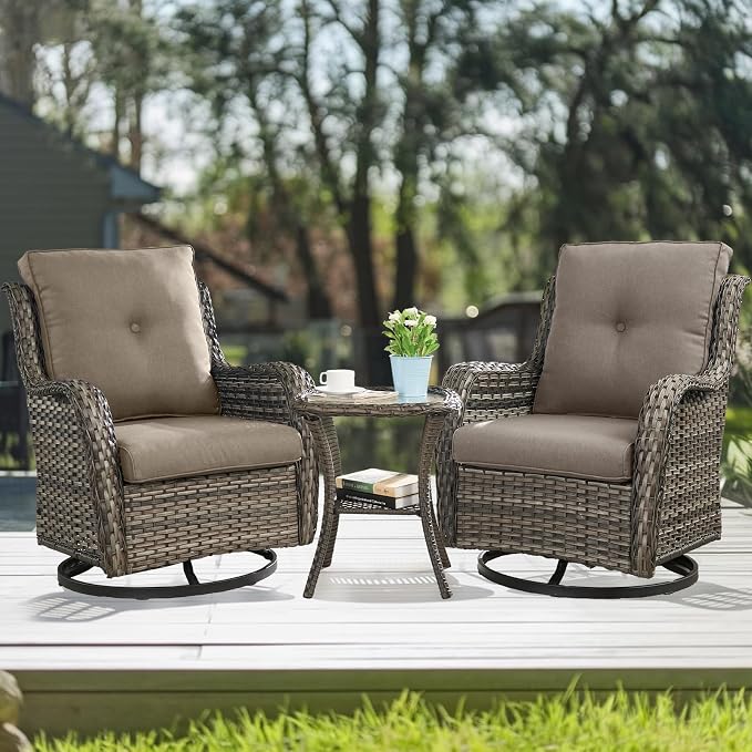 HUMMUH 3-Piece Swivel Rocking Rattan Chair Outdoor, Patio Bistro Furniture Conversation Set with Cover, Cushioned Wicker Chair with Glass Coffee Table(Grey, Grey)