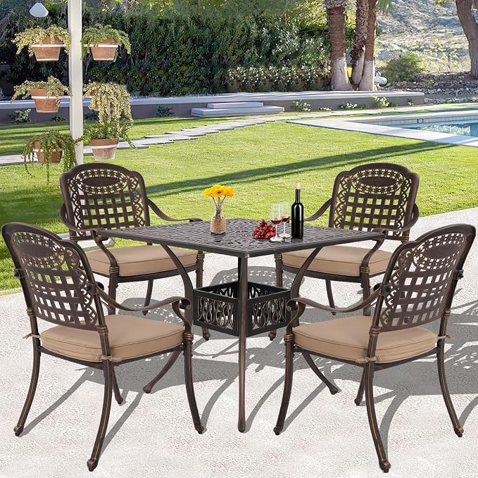 Grepatio 5 Piece Cast Aluminum Patio Dining Set Outdoor Furniture Set Patio Garden Set with 4 Mesh Ding Chairs, 4 Khaki Cushions and 35.4" Square Patio Table 2.4" Umbrella Hole, Antique Bronze
