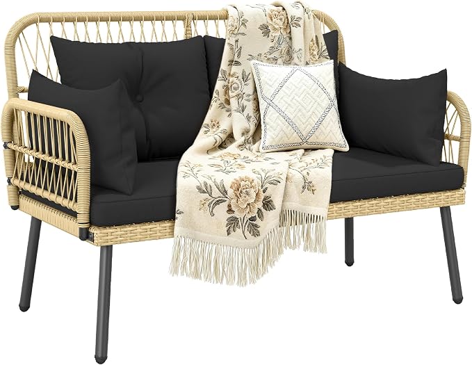 YITAHOME Patio Furniture Wicker Outdoor Loveseat, All-Weather Rattan Conversation for Backyard, Balcony and Deck with Soft Cushions (Light Brown+Black)