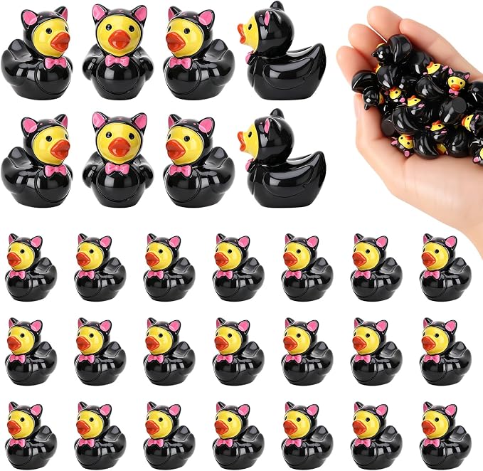 30 Pcs Black Cat Ducks, Mini Black Cat Resin Ducks Bulk, Fun Printed Toy Figures for Birthday Party Favors, Themed Decor, Kids Gift Collection (Black Cat)