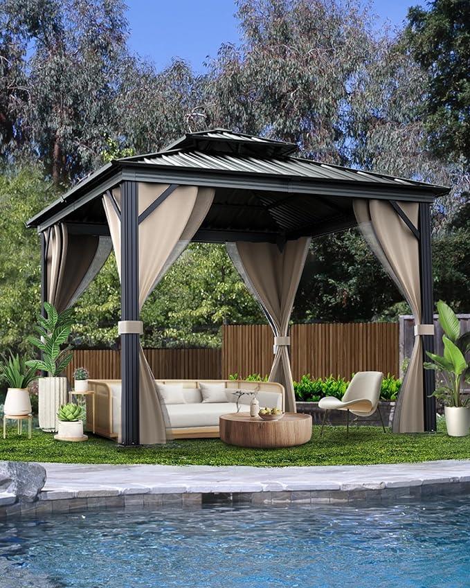 GarveeLife 10 ft x10 ft Hardtop Gazebo for All Weather, with Double Metal Roof, Aluminum Alloy Frame, Net, and Curtain, Permanent Building for Patio, Deck, Backyard, Lawn, and Garden