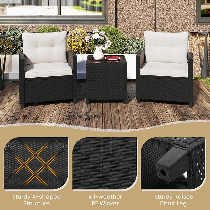 ORALNER 3 Pieces Patio Furniture Set, Wicker Conversation Set Outdoor Chairs with Cushions, Glass Coffee Table, Rattan Bistro Set for Front Porch Balcony Garden Deck Poolside (White)