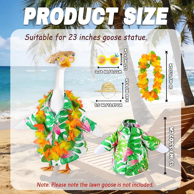 AZYM Hawaiian Porch Goose Outfits,Yard Goose Clothes Hawaiian Wreath with Straw Hat Glasses,4 Pcs/Set Summer Lawn Goose Costume,for 23" Statue Patio Garden Decoration
