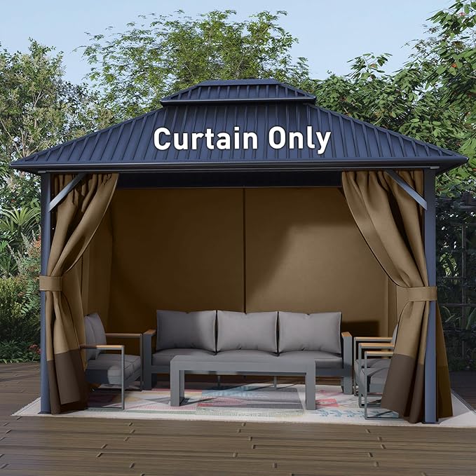 Aoodor 12x16 ft Outdoor Gazebo Curtains, 4 Panels Waterproof Privacy Sidewall Replacement with Zipper for Patio Pergola and Canopy, Light Coffee and Coffee