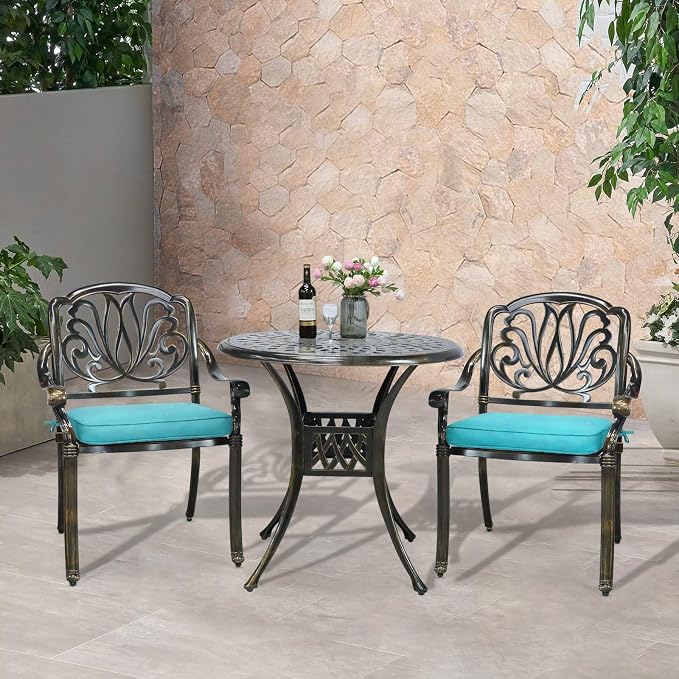 VIVIJASON 3-Piece Patio Furniture Dining Set, All-Weather Cast Aluminum Outdoor Bistro Set, Include 2 Chairs, 2 Cushions and 31" Round Table w/Umbrella Hole for Balcony, Backyard, Ocean Blue Cushion