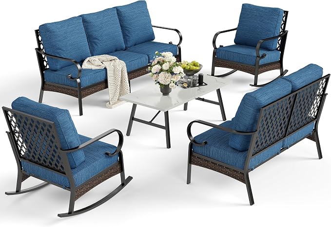 SUNSHINE VALLEY 5 Piece Metal Outdoor Patio Furniture Set, Patio Conversation Sets 3-Seater Sofa, 2-Seater Sofa, 2 Rocking Chair with 5.75" Thick Cushion & Coffee Table Backyard Furniture, Blue-2