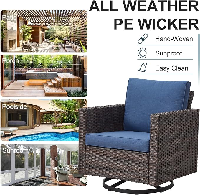Belord Wicker Chairs Outdoor Bistro Set Oversize Patio Swivel Rocker, Rattan Outdoor Seating Set of 2 Swivel Glider Chairs Wicker Furniture for Porch Deck Backyard with Water-Resistant Cushion Brown