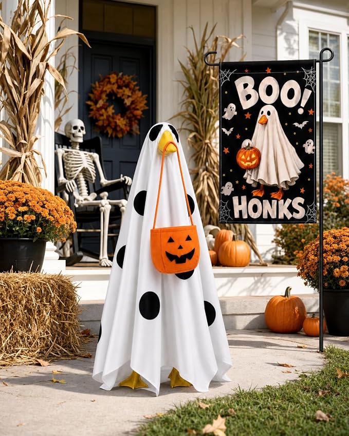 Halloween Porch Goose Outfits, 23 Inch Light Up Ghost Costume & Flag | Ghost porch goose halloween outfit for cement goose. LED ghost clothes with pumpkin bag & flag, gift for mom, grandma.