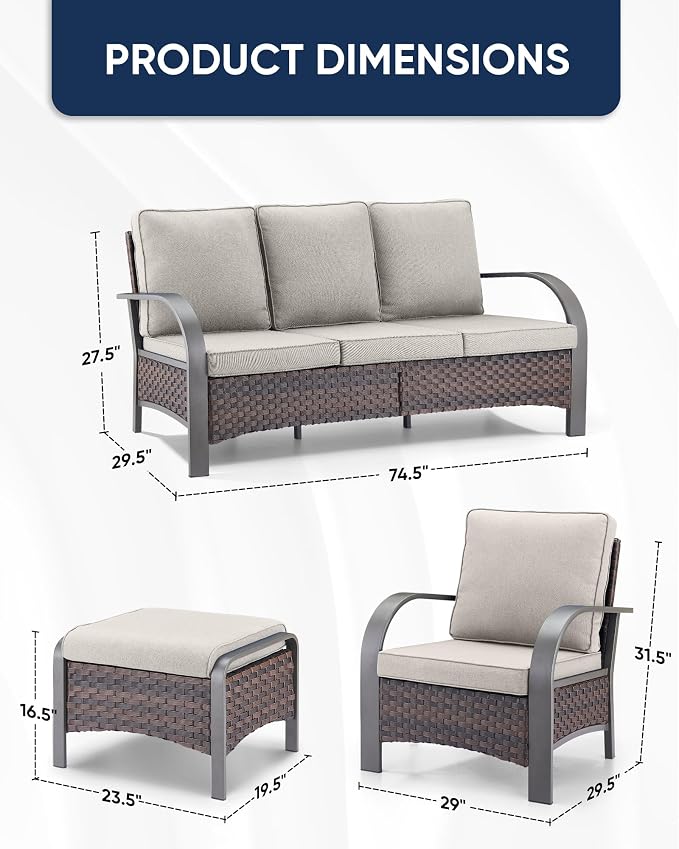 HUMMUH Outdoor Patio Conversation Furniture Sets-Deep Seating Wicker Patio Chairs with Patio Sofa Set Outdoor Patio Furniture for Deck Porch Garden Poolside Backyard-Brown/Beige