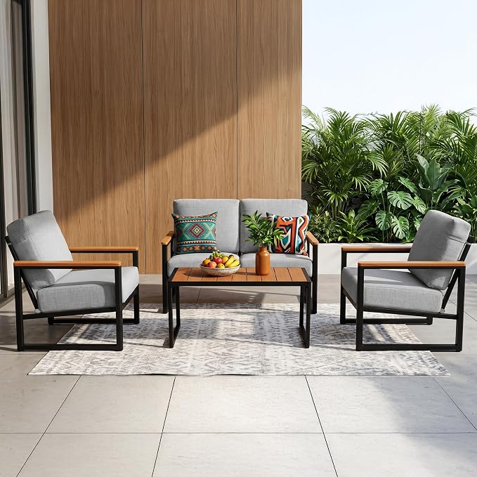 NATURAL EXPRESSIONS Aluminum Patio Furniture Set, Outdoor Patio Conversation Sets with Fauxwood Arm & Tabletop, 6" Olefin Cushions, Oversized Patio Sectional Furniture for Porch, Yard, Balcony, Deck
