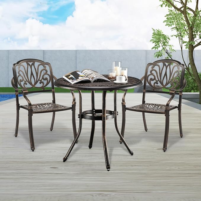 VINGLI 3 Pieces Outdoor Patio Table and Chairs Set with Umbrella Hole, Cast Aluminum Outdoor Dining Set with 2 Chairs and One Table for Yard, Garden, Porch and Poolside, Bronze