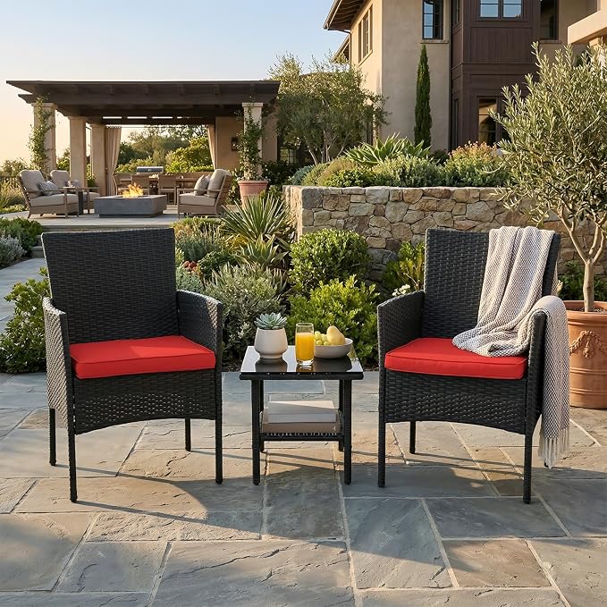 NChanmar 3 Pieces Patio Furniture Outdoor Bistro Set Outdoor&Indoor Conversation Set Coffee Table Chairs Set for 2 with Water-Resistant Cushions for Lawn Yard Garden Porch Balcony and Pool,Red