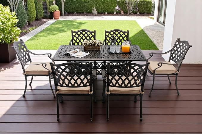 𝗔𝗶𝗹𝗶𝘀𝗺𝗮𝗶𝗹 7 Piece Outdoor Dining Set Cast Aluminum Retro Patio Dining Set for 6 includes 59” Rectangular Table and 6 Chairs with Thicker Cushions and Umbrella Hole for Patio Deck Garden