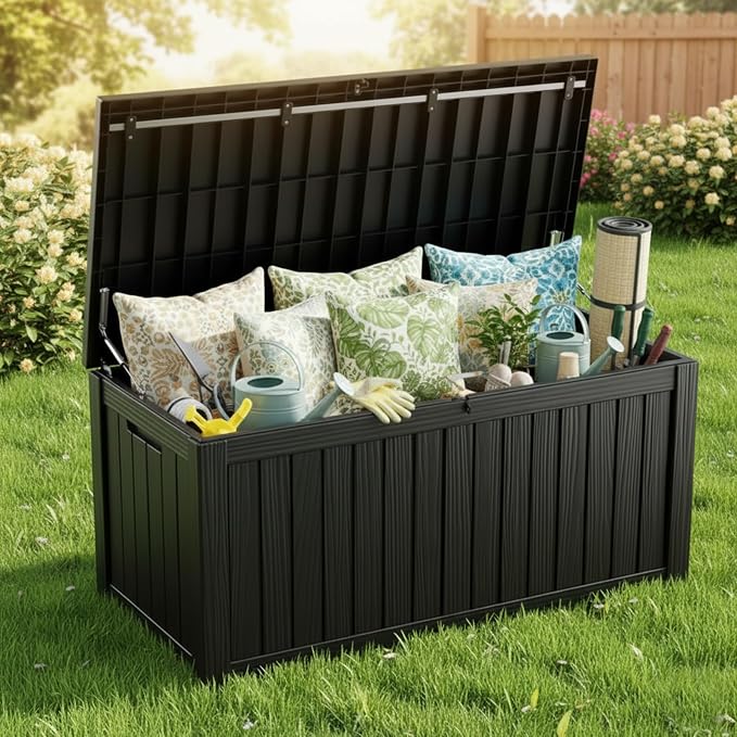 MAKINO 152 Gallon Resin Outdoor Storage Box, Waterproof Deck Box with Lockable Lid, Outside Storage Box for Patio Furniture, Pool Accessories, Garden Tools, Storage Bench for Backyard, Porch, Black