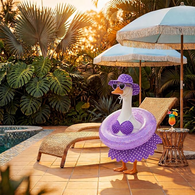 hoyuwak Bikini Goose Outfits Summer Hawaiian Porch Goose Outfits with Swimming Ring Sunglasses Hat for 23" Geese Yard Decor