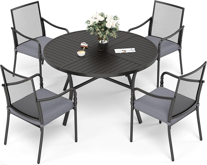 SUNSHINE VALLEY Patio Table and Chairs Set of 4, All-Weather Breathable Metal Mesh Patio Chair with Gourd-Shaped Armrests, 42x42 Round Table with Umbrella Hole, 5 Pcs Metal Frame Patio Dining Set