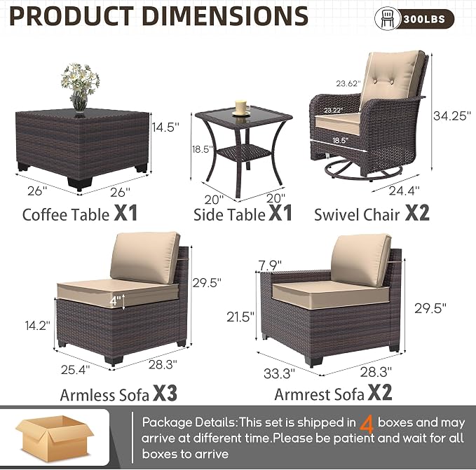 Patio Furniture Set 9 Pieces Outdoor Swivel Rocking Chairs Sofa Set,PE Rattan Wicker Patio Conversation Set with Thickened Cushions and Glass Coffee Table,Sand