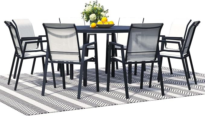 9-Piece Outdoor Dining Set for 8 – 60" Black Round Outdoor Table with Umbrella Hole & 8 White Outdoor Stackable Dining Chairs, All-Weather Patio Furniture