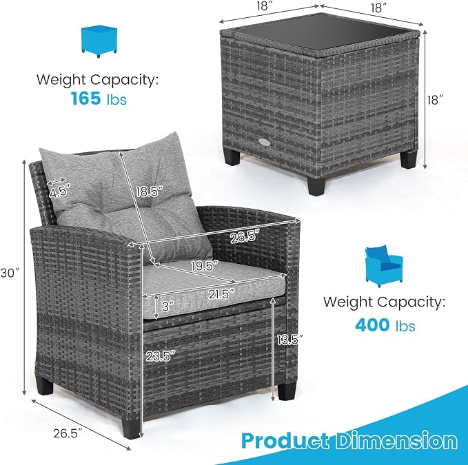 HAPPYGRILL 3 Pieces Patio Conversation Set, Outdoor Furniture Set PE Rattan Sofa Set with Removable Cushions, PE Wicker Chairs with Tempered Glass Side Table for Porch Lawn Garden Balcony Backyard