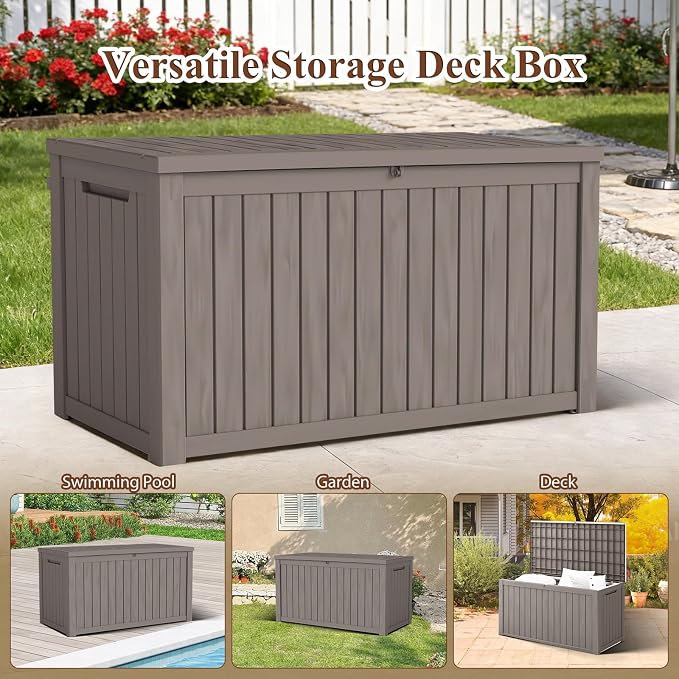 180 Gallon Outdoor Deck Boxes, IP68 Waterproof Outdoor Storage Box with Hydraulic Lid Support, Outside Resin Container for Furniture, Toy, Shoe, Garden & Patio Tools Storage -Brown