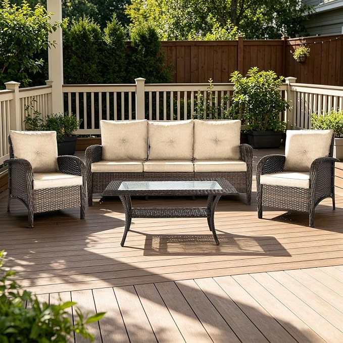 Outdoor Swivel Rocker Patio Chairs (Brown Wicker/Khaki Cushion, 4PC/Sofa & Chair &Coffee Table)