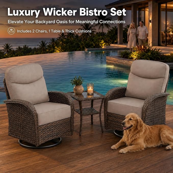 HUMMUH 3-Piece Outdoor Wicker Swivel Rocker Patio Set, High Back | 6 in Olefin seat and back cushions, PE rattan, steel frames, 350 lb chair capacity, for deck, yard, and poolside