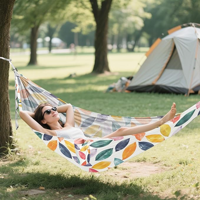 Camping Hammock Outdoor Hammocks for Outside Coloured Leaf Beach Trees Portable Lightweight with Pockets Tree Straps Indoor
