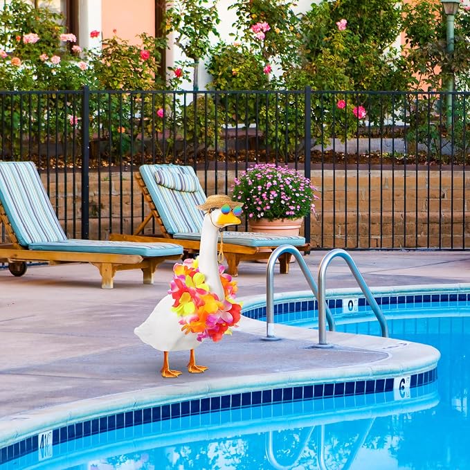 Shyyween Summer Porch Goose Outfits for Plastic Goose 23/17'' Hawaiian Lawn Patio Statue Clothes Straw Hat and Hawaiian Lei Costume(Tropical Red)