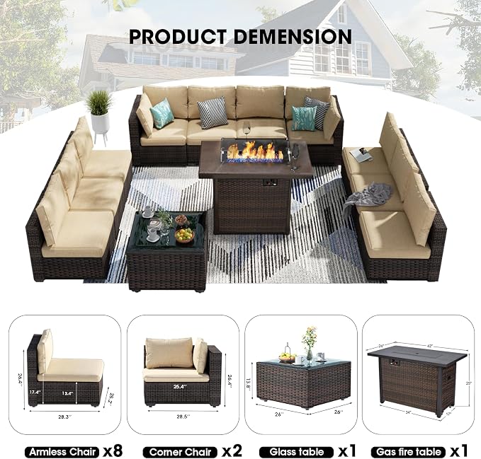 12 Piece Patio Furniture Set with Fire Pit Table All Weather PE Rattan Outdoor Sectional Sofa Couch with No-Slip Cushions and Glass Top Table for Garden, Poolside, Backyard (Beige)