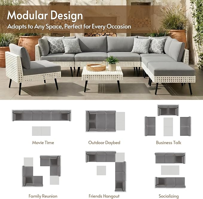 8 Piece Patio Furniture Sets, Modular Patio Sectional Conversation Sets with Upgraded Cationic Fabric Cushions & Outdoor All-Weather Handwoven Open Weave Wicker for Garden, Poolside, Backyard