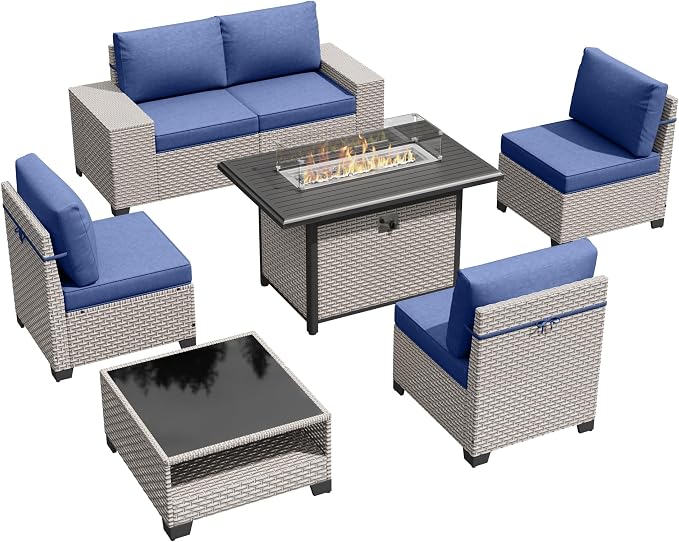 7-Piece Outdoor Patio Furniture Set with Fire Pit, Modular Sectional Sofa Set with Glass Coffee Table and Cushions, Wicker Outdoor Couch Conversation Sets, Blue