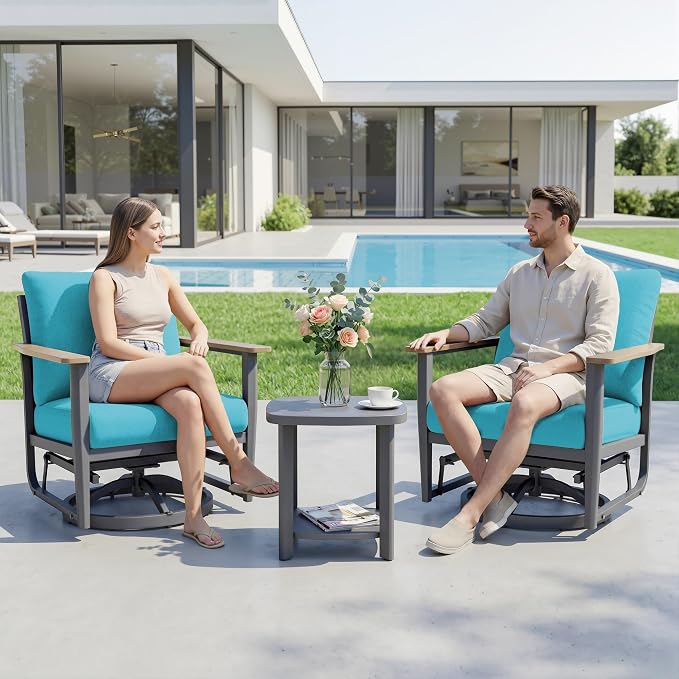 Aluminum Swivel Rocking Chairs, 3-Piece Outdoor Patio Furniture Set with Side Table, Rust-Proof Metal Gliders with Wood-Like Armrests & 5.1" Thick Cushions for Backyard, Porch, Blue