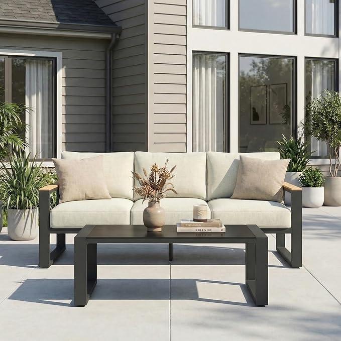 RoyalCraft Aluminum Outdoor Patio Furniture Set with Height-Adjustable Footrest, 3-Seats All-Weather Patio Sofa Sets with Coffee Table for Porch Backyard Garden Patio, Beige