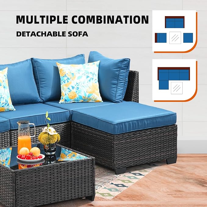 5-Piece Outdoor Patio Furniture Set, Modular Wicker Sectional Sofa with Thick Cushions & Coffee Table, All-Weather Rattan Conversation Set for Backyard, Porch, Poolside, Peacock