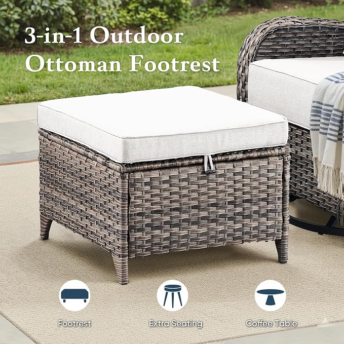 Belord Luxury 6" Thick Cushioned 11 Pieces Patio Furniture Set with Fire Pit Table, Wicker Outdoor Conversation Set with High Back Swivel Rocker Chairs for Deck Porch Yard and Poolside - Grey+Beige