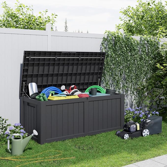 DRATO 150 Gallon Outdoor Storage Box Waterproof, Large Resin Lockable Outdoor Deck Box with Lid, Weatherproof Container for Patio Furniture Cushions, Garden Tools, Pool Accessories (Black, 150 Gallon)