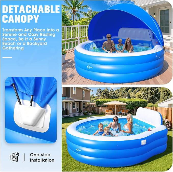 2026 Extra Large Upgraded Inflatable Pool with Canopy,Inflatable Family Lounge Pool,Round Blow Up Pool for Adult with Bench&Backrest,Swim Center Easy Backyard Pools for Kids & Adults90*90"*80"
