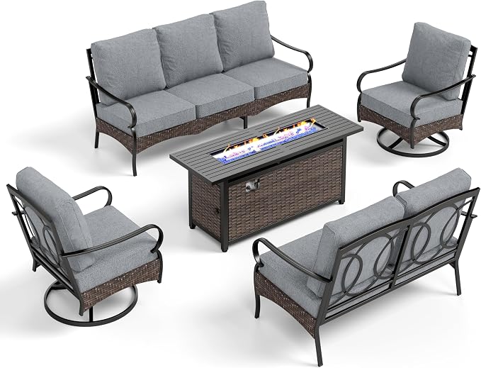 PHI VILLA Patio Furniture Set with 56" Fire Pit Table, Premium Outdoor Wicker Metal Frame Furniture with Upgraded Waterproof Thick Cushions for Porch, Poolside, Deck, and Yard (5 Pieces, Grey