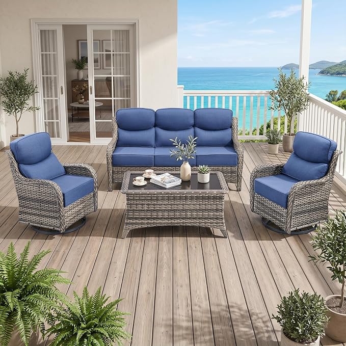 Luxury High Back Outdoor Furniture with 6-Inch Thick Cushions, Patio Furniture Set with Swivel Chairs, 4 PCS Wicker Conversation Set for Porch, Balcony, Deck and Yard